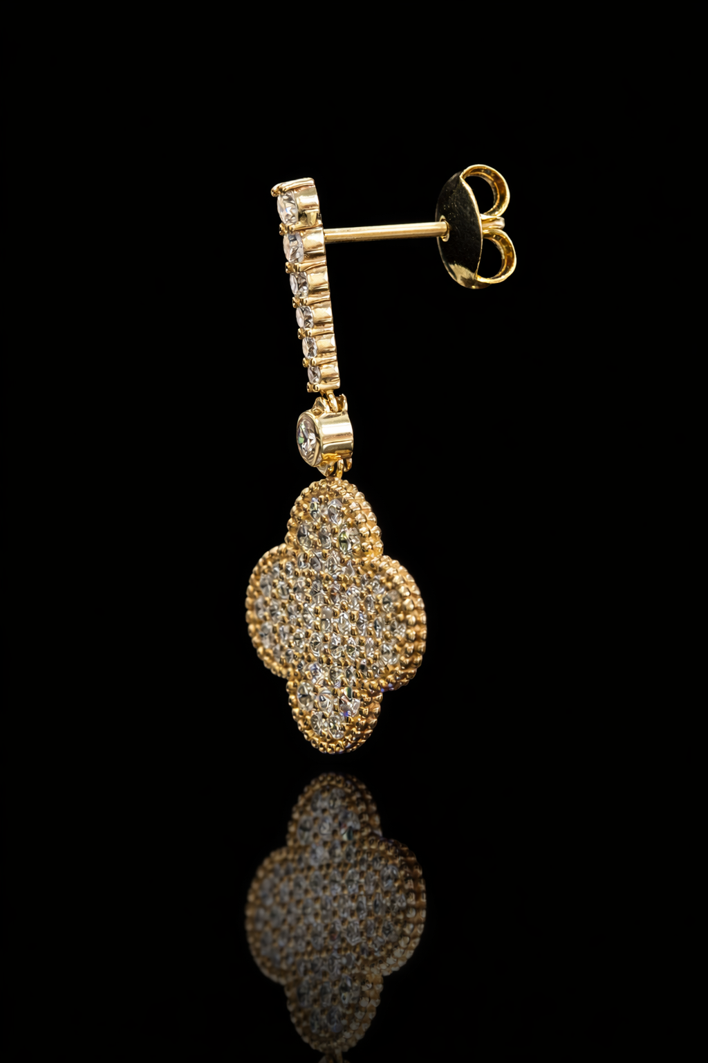 14K yellow gold pavé diamond clover drop earrings with vertical diamond bar and round brilliant diamonds