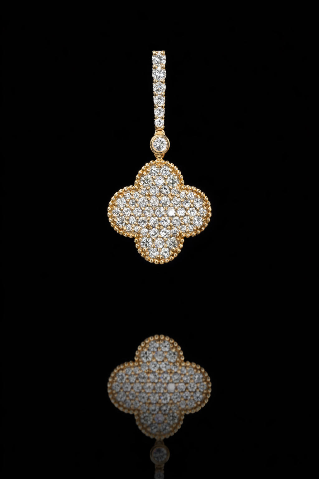 14K yellow gold pavé diamond clover drop earrings with vertical diamond bar and round brilliant diamonds