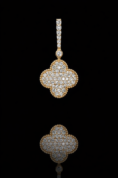 14K yellow gold pavé diamond clover drop earrings with vertical diamond bar and round brilliant diamonds