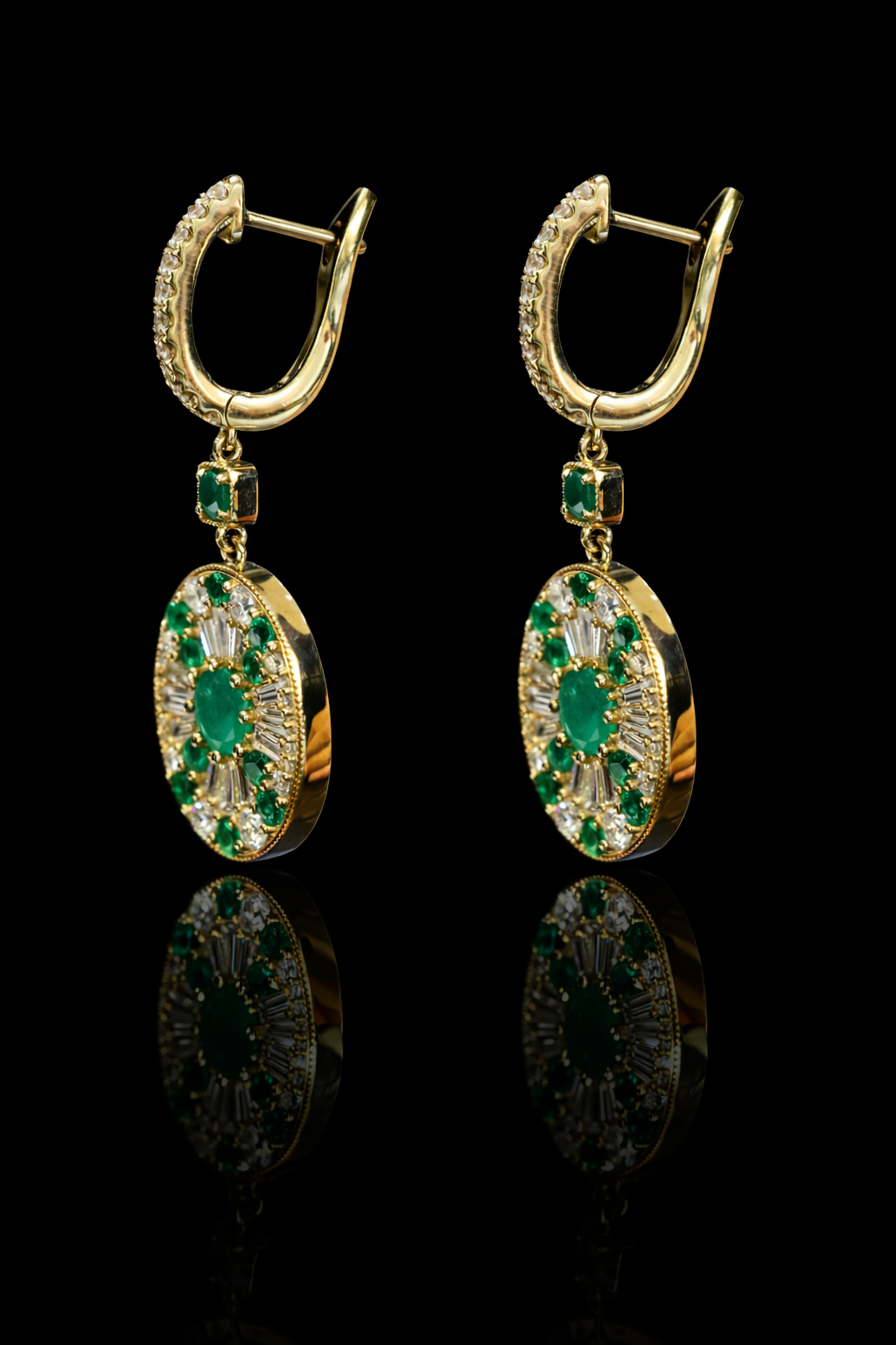 14k yellow gold emerald diamond halo drop earrings with baguette diamonds luxury Houston fine jewelry