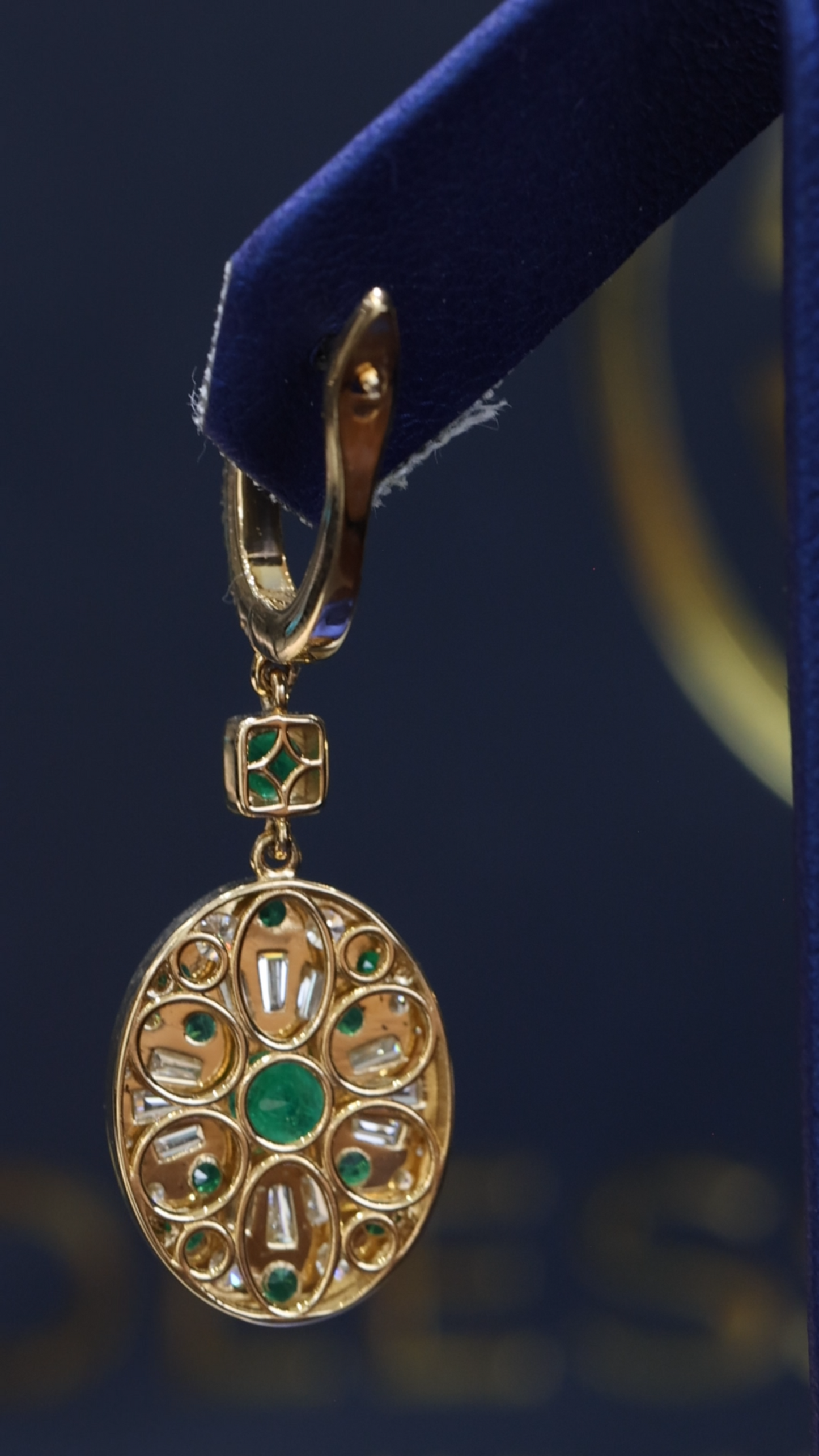 14k yellow gold emerald diamond halo drop earrings with baguette diamonds luxury Houston fine jewelry