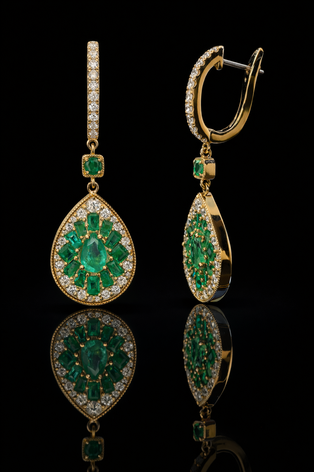 pear emerald diamond halo drop earrings 14k yellow gold luxury emerald jewelry houston