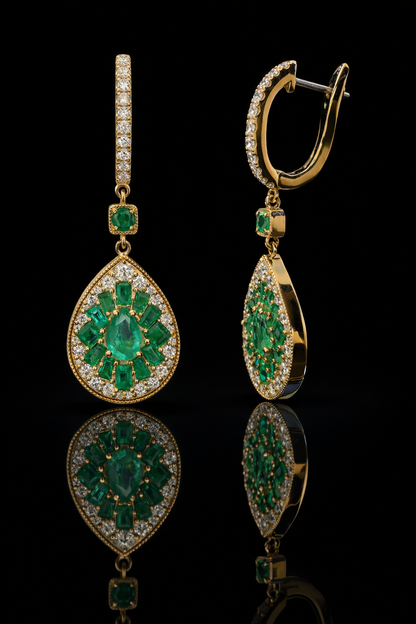 pear emerald diamond halo drop earrings 14k yellow gold luxury emerald jewelry houston