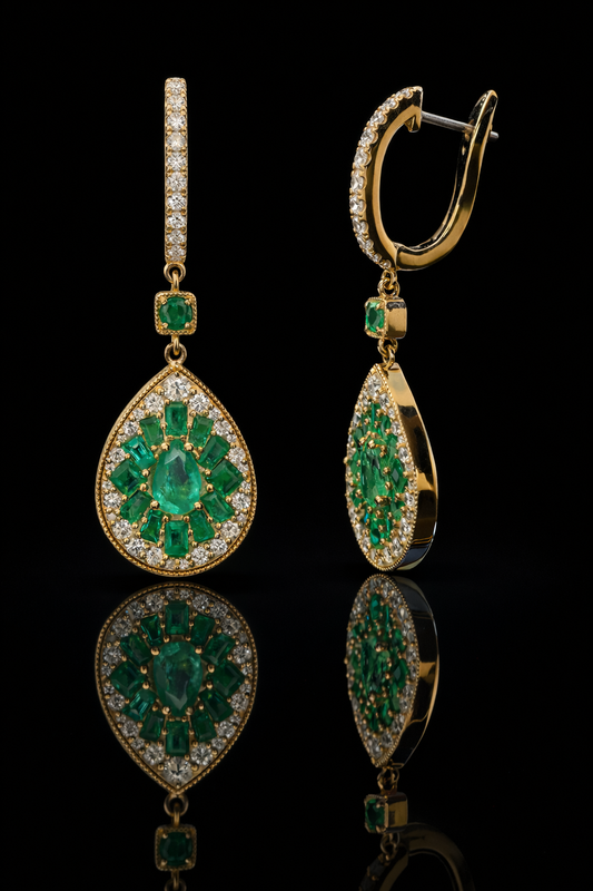 pear emerald diamond halo drop earrings 14k yellow gold luxury emerald jewelry houston