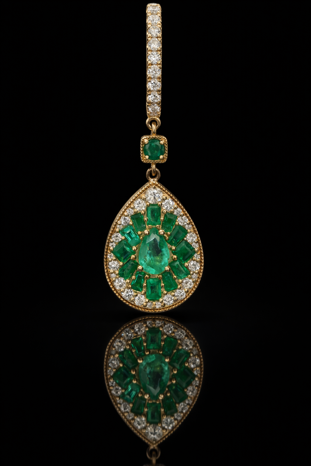pear emerald diamond halo drop earrings 14k yellow gold luxury emerald jewelry houston