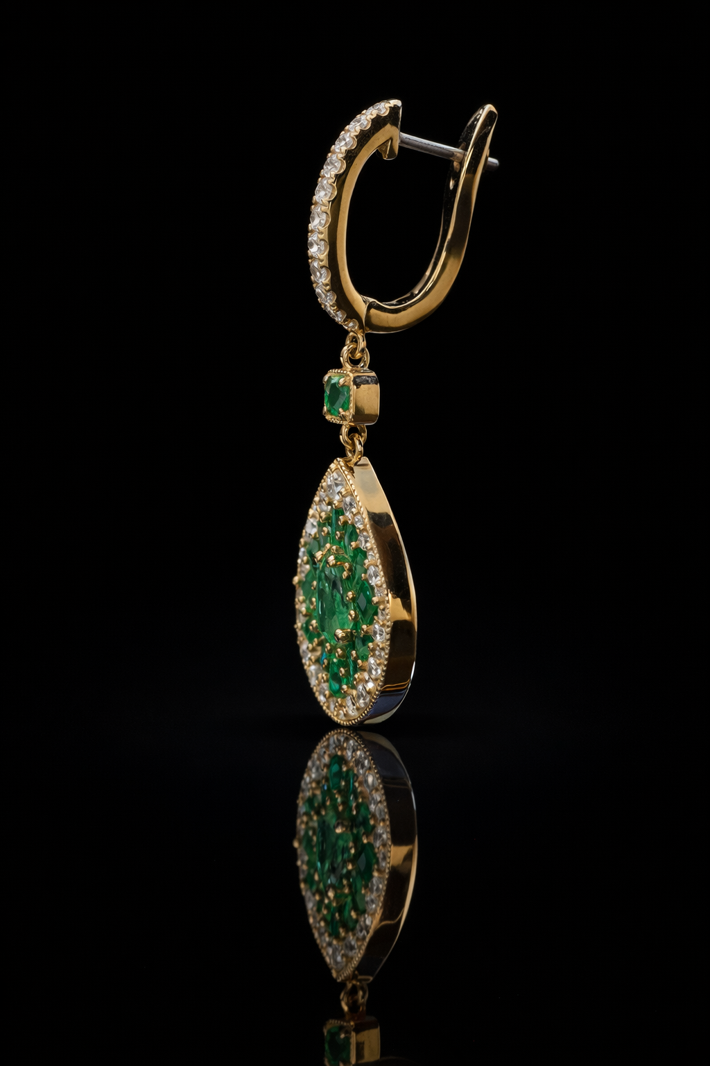 pear emerald diamond halo drop earrings 14k yellow gold luxury emerald jewelry houston
