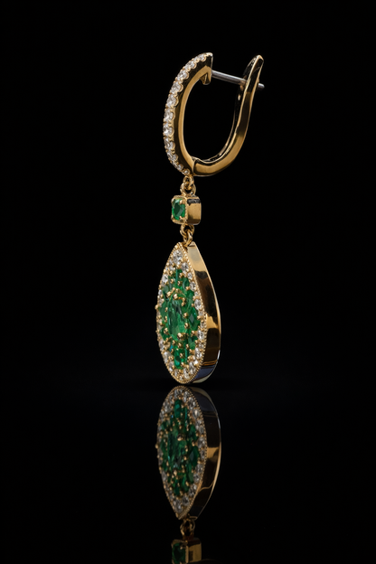 pear emerald diamond halo drop earrings 14k yellow gold luxury emerald jewelry houston