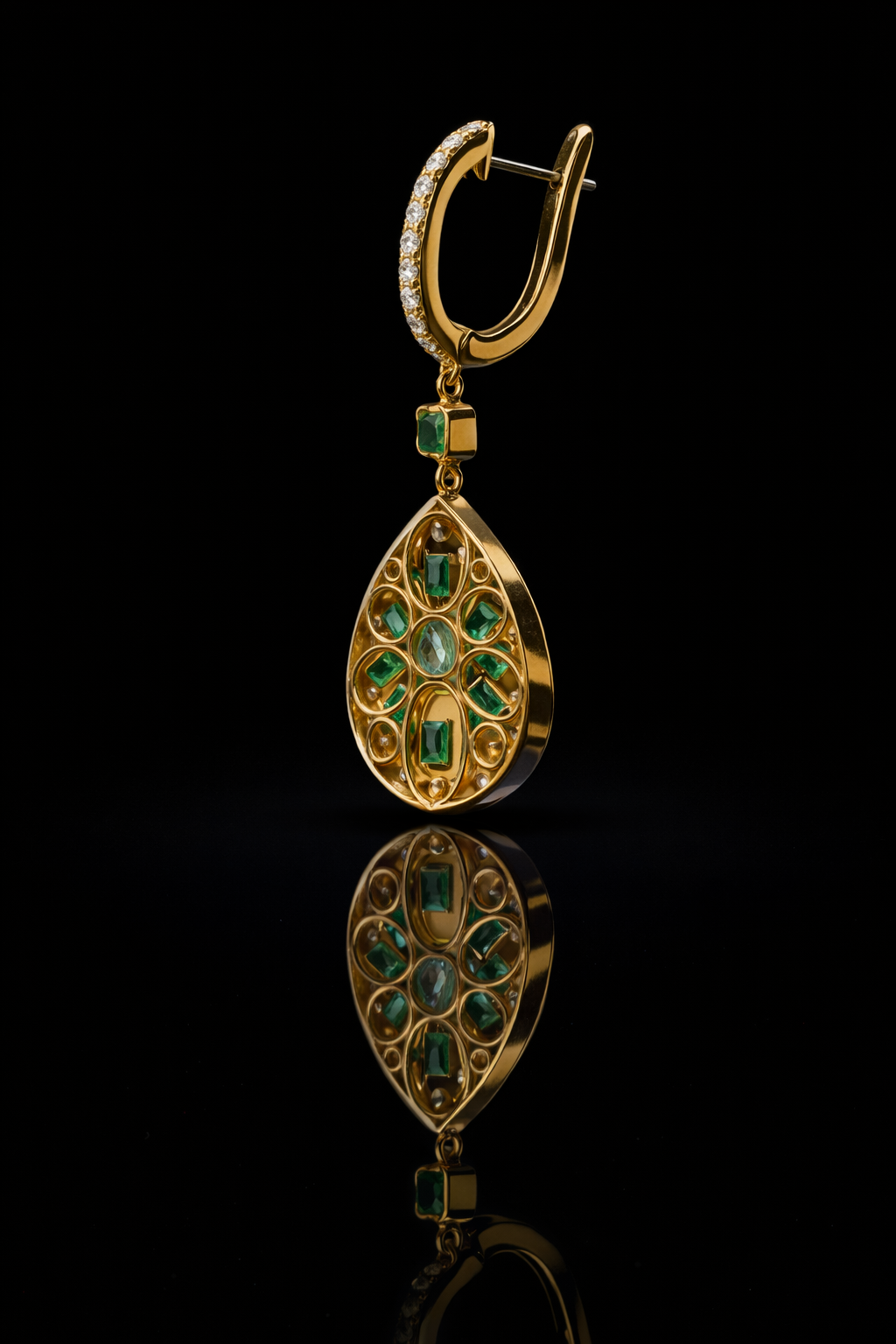 pear emerald diamond halo drop earrings 14k yellow gold luxury emerald jewelry houston
