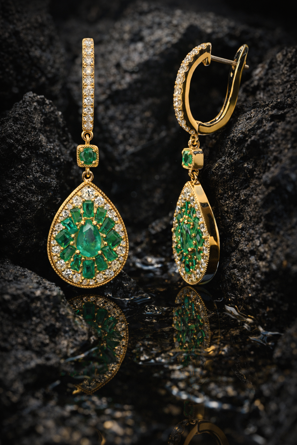 pear emerald diamond halo drop earrings 14k yellow gold luxury emerald jewelry houston