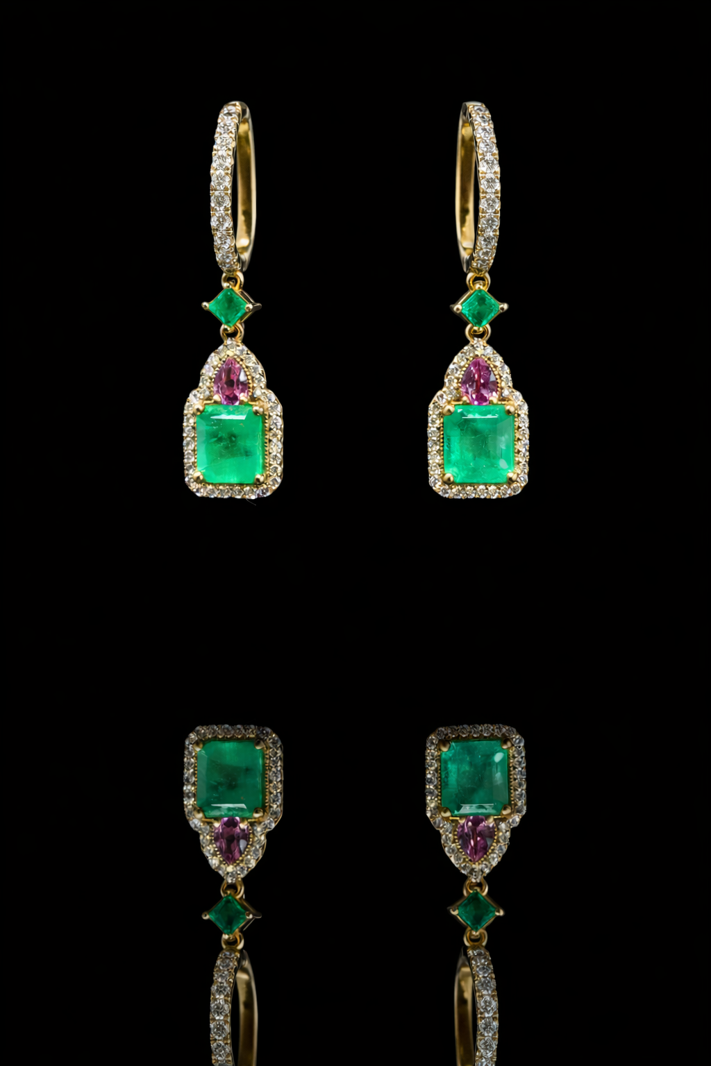 14k yellow gold emerald multi gemstone halo drop earrings with diamond pavé hoop luxury Houston fine jewelry