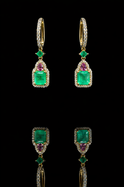 14k yellow gold emerald multi gemstone halo drop earrings with diamond pavé hoop luxury Houston fine jewelry