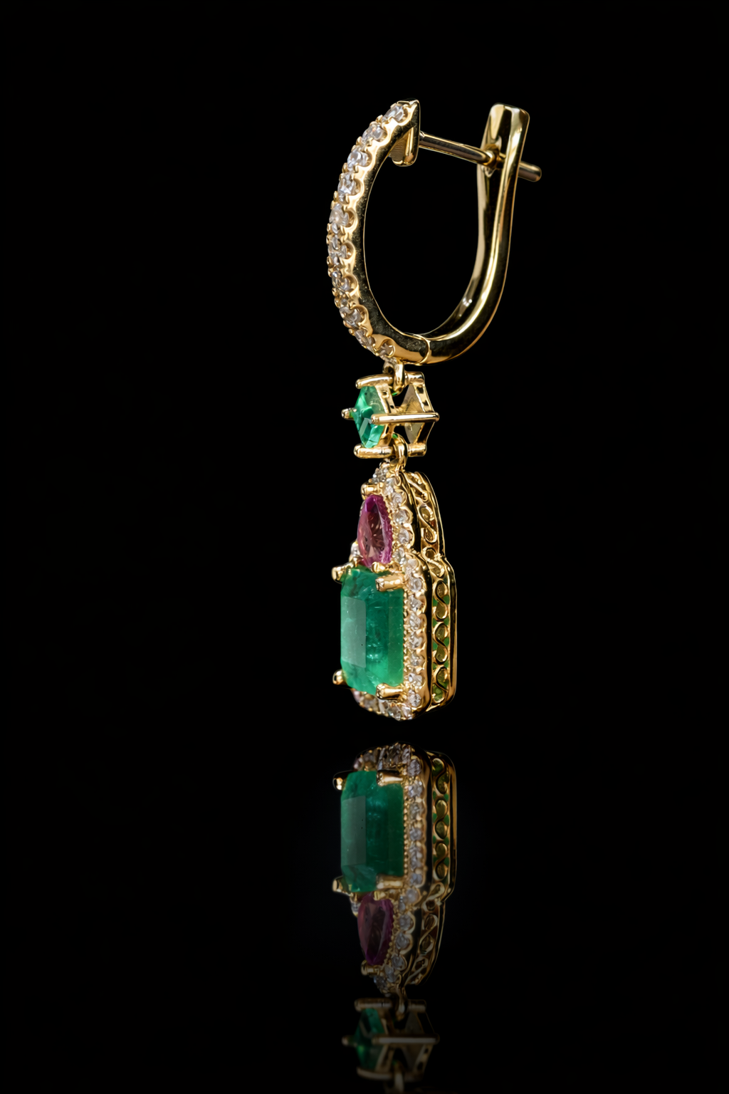 14k yellow gold emerald multi gemstone halo drop earrings with diamond pavé hoop luxury Houston fine jewelry