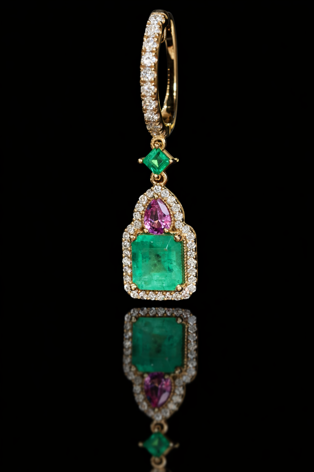 14k yellow gold emerald multi gemstone halo drop earrings with diamond pavé hoop luxury Houston fine jewelry