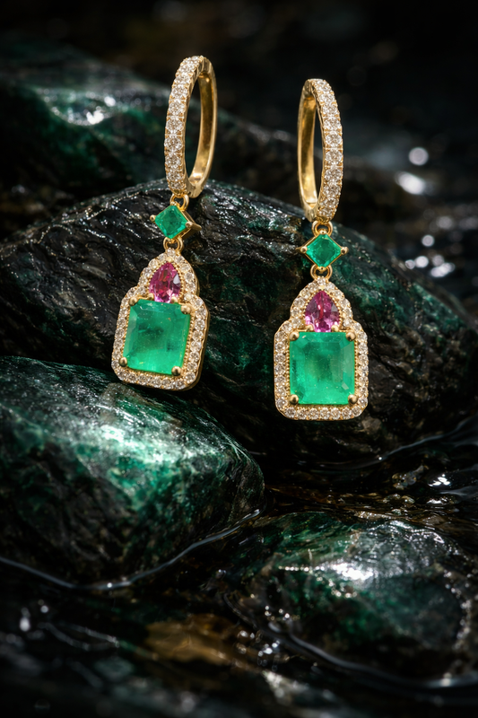 14k yellow gold emerald multi gemstone halo drop earrings with diamond pavé hoop luxury Houston fine jewelry