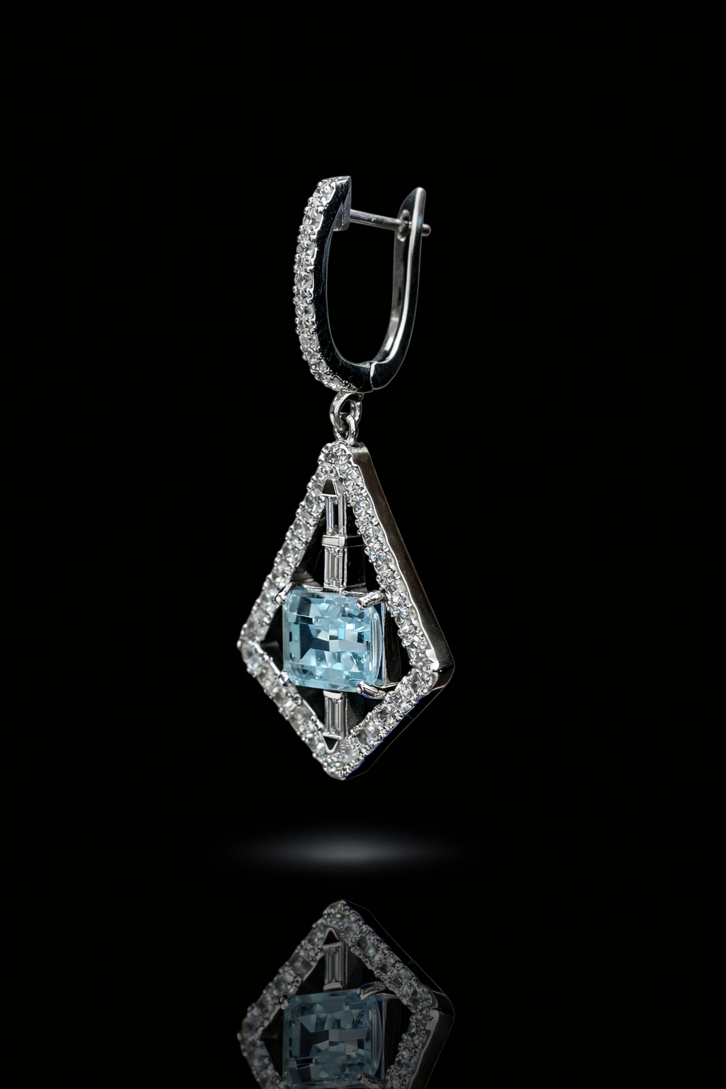 14k yellow gold aquamarine diamond geometric drop earrings with baguette diamonds luxury Houston fine jewelry