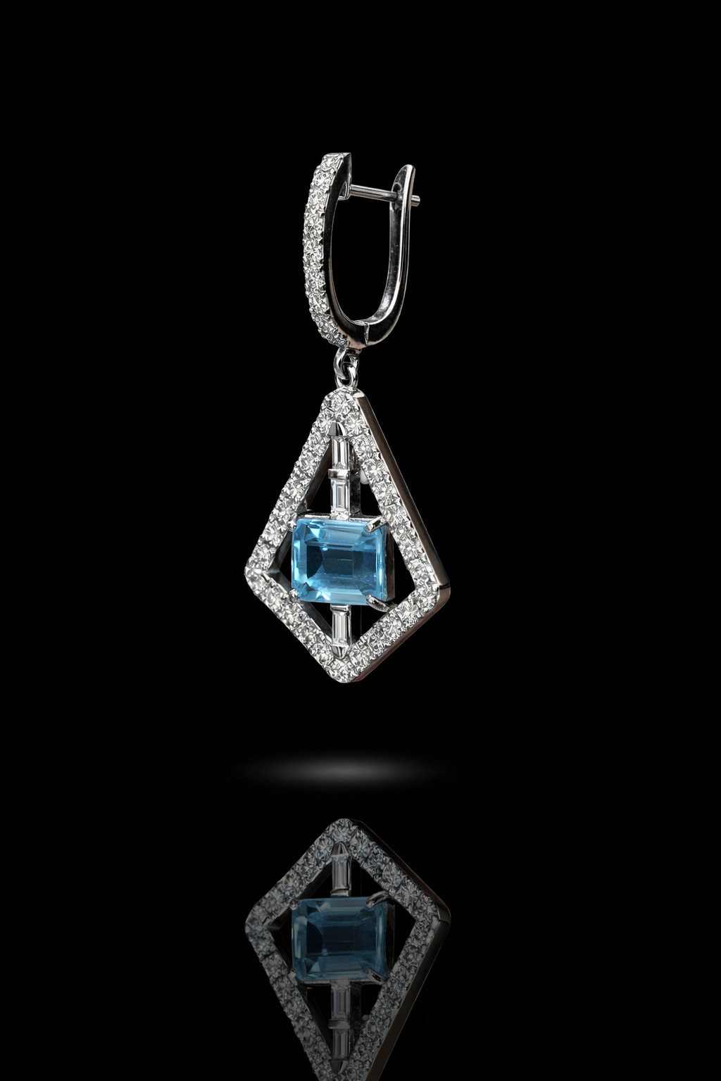 14k yellow gold aquamarine diamond geometric drop earrings with baguette diamonds luxury Houston fine jewelry