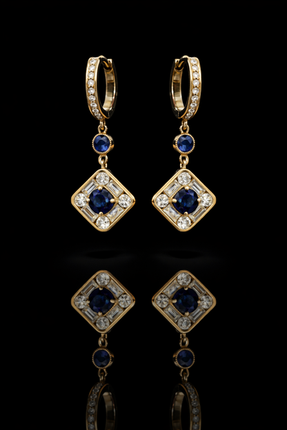 Natural sapphire diamond geometric drop earrings in 14K yellow gold with 9.00CT sapphires and 0.82CT G-H SI diamonds – Houston fine jewelry by Endless Diamonds.
