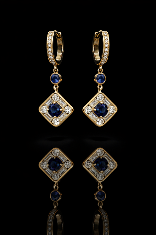 Natural sapphire diamond geometric drop earrings in 14K yellow gold with 9.00CT sapphires and 0.82CT G-H SI diamonds – Houston fine jewelry by Endless Diamonds.