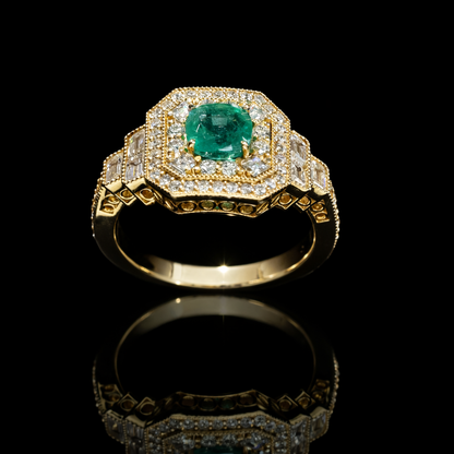 Natural Emerald Halo Three-Stone Ring 14K Yellow Gold | 0.90 CT houston jeweler 