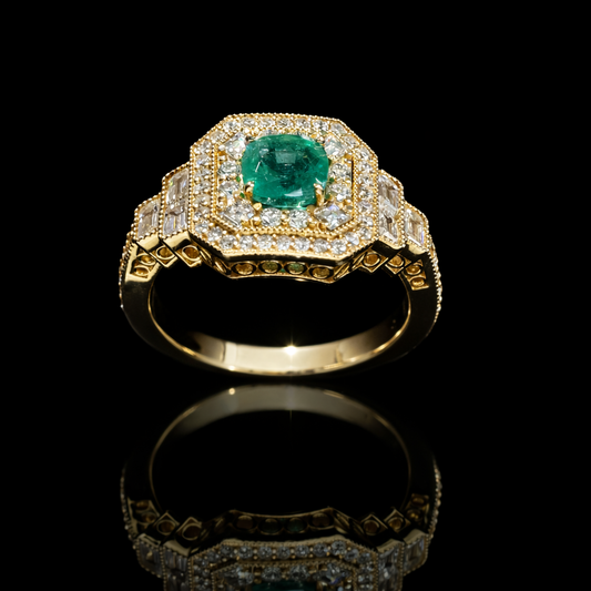 Natural Emerald Halo Three-Stone Ring 14K Yellow Gold | 0.90 CT houston jeweler 
