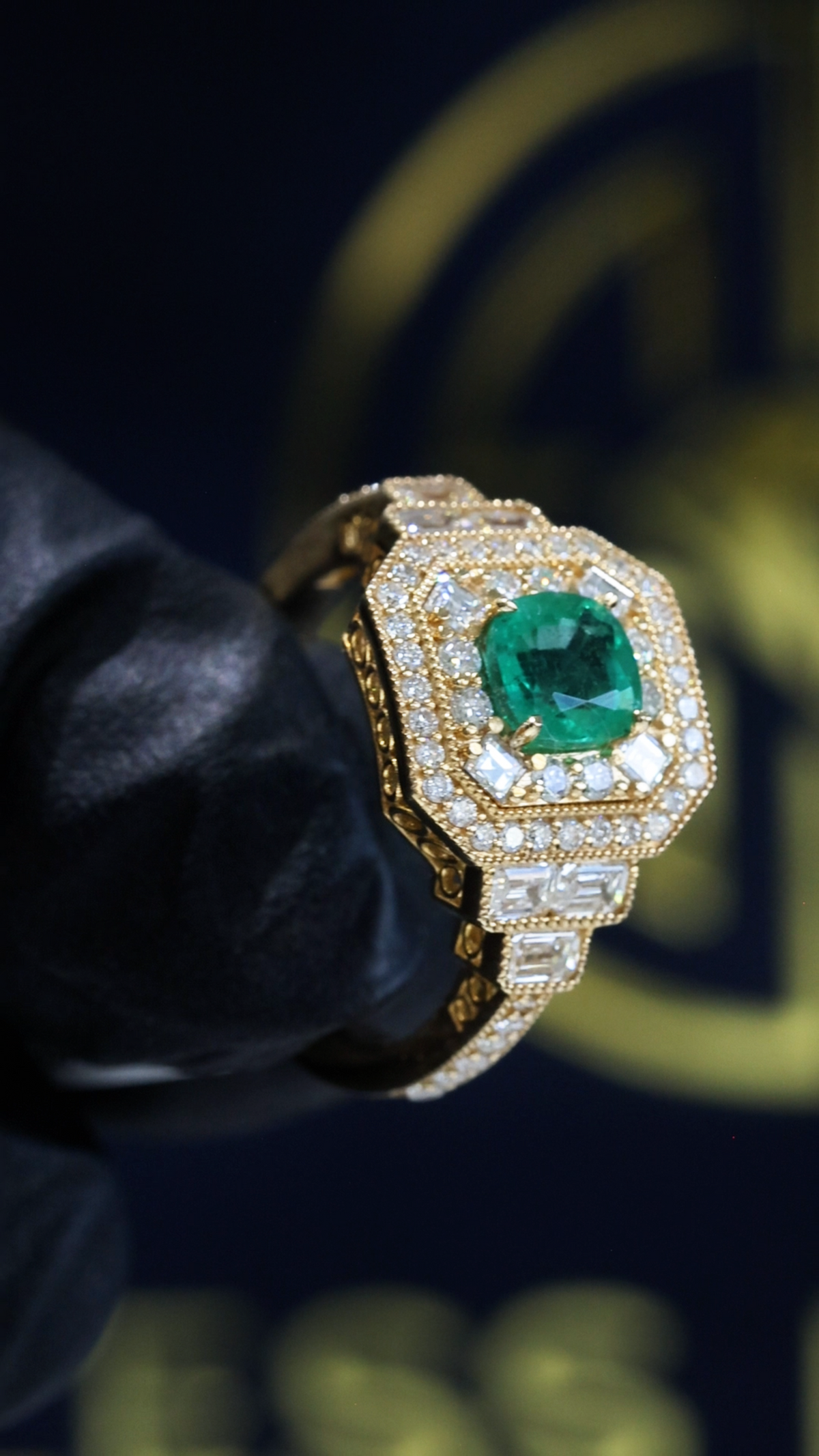 Natural Emerald Halo Three-Stone Ring 14K Yellow Gold | 0.90 CT houston jeweler 