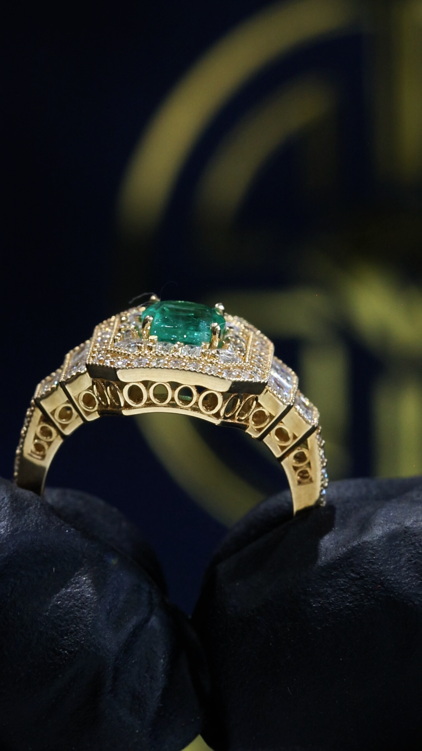 Natural Emerald Halo Three-Stone Ring 14K Yellow Gold | 0.90 CT houston jeweler 