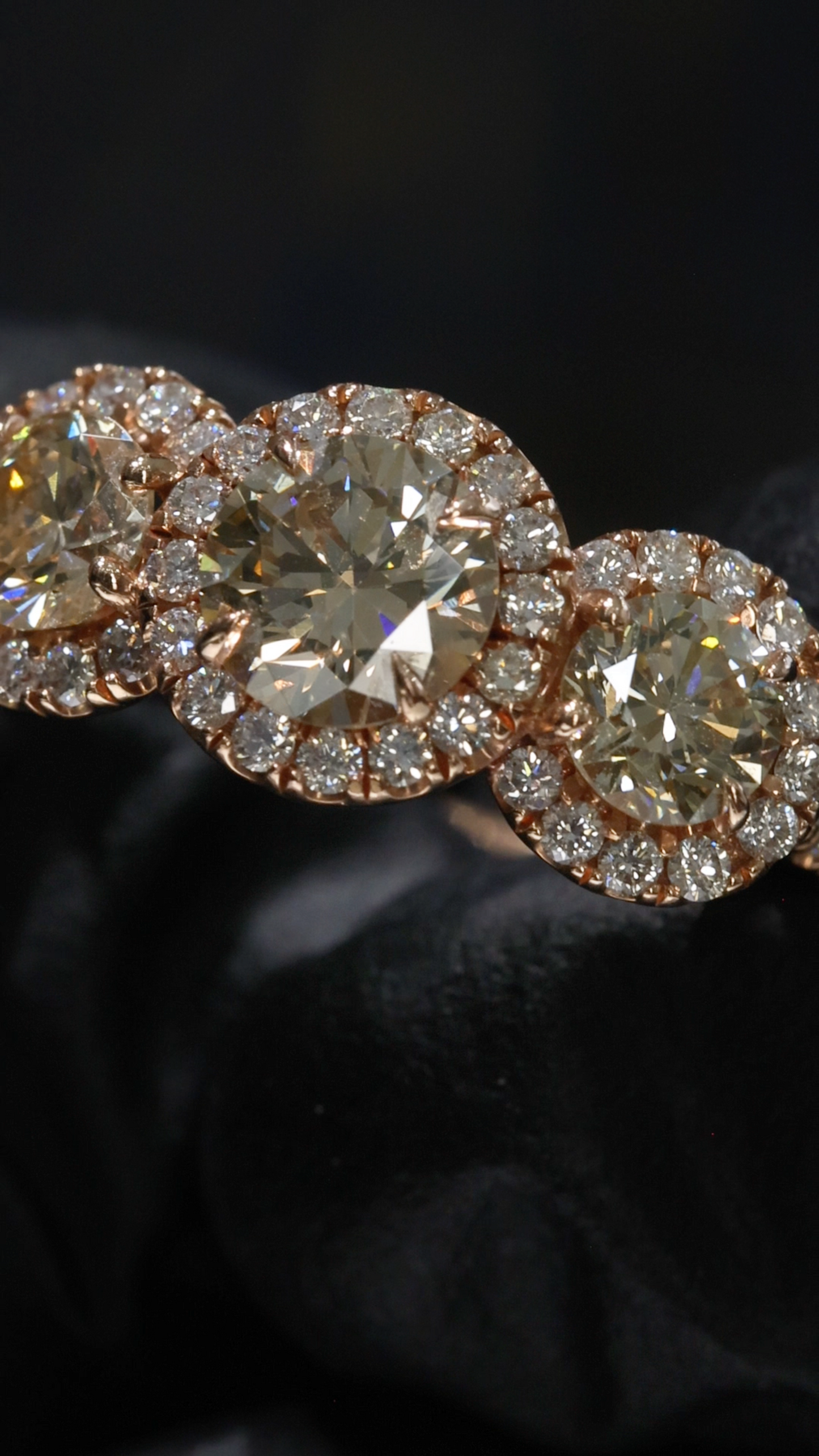 Natural Champagne Diamond Three-Stone Halo Engagement Ring in 14K Rose Gold | Vintage-Inspired Design