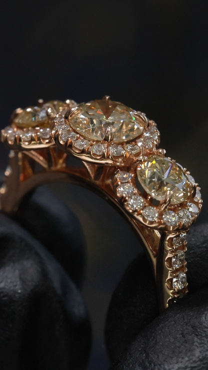 Natural Champagne Diamond Three-Stone Halo Engagement Ring in 14K Rose Gold | Vintage-Inspired Design
