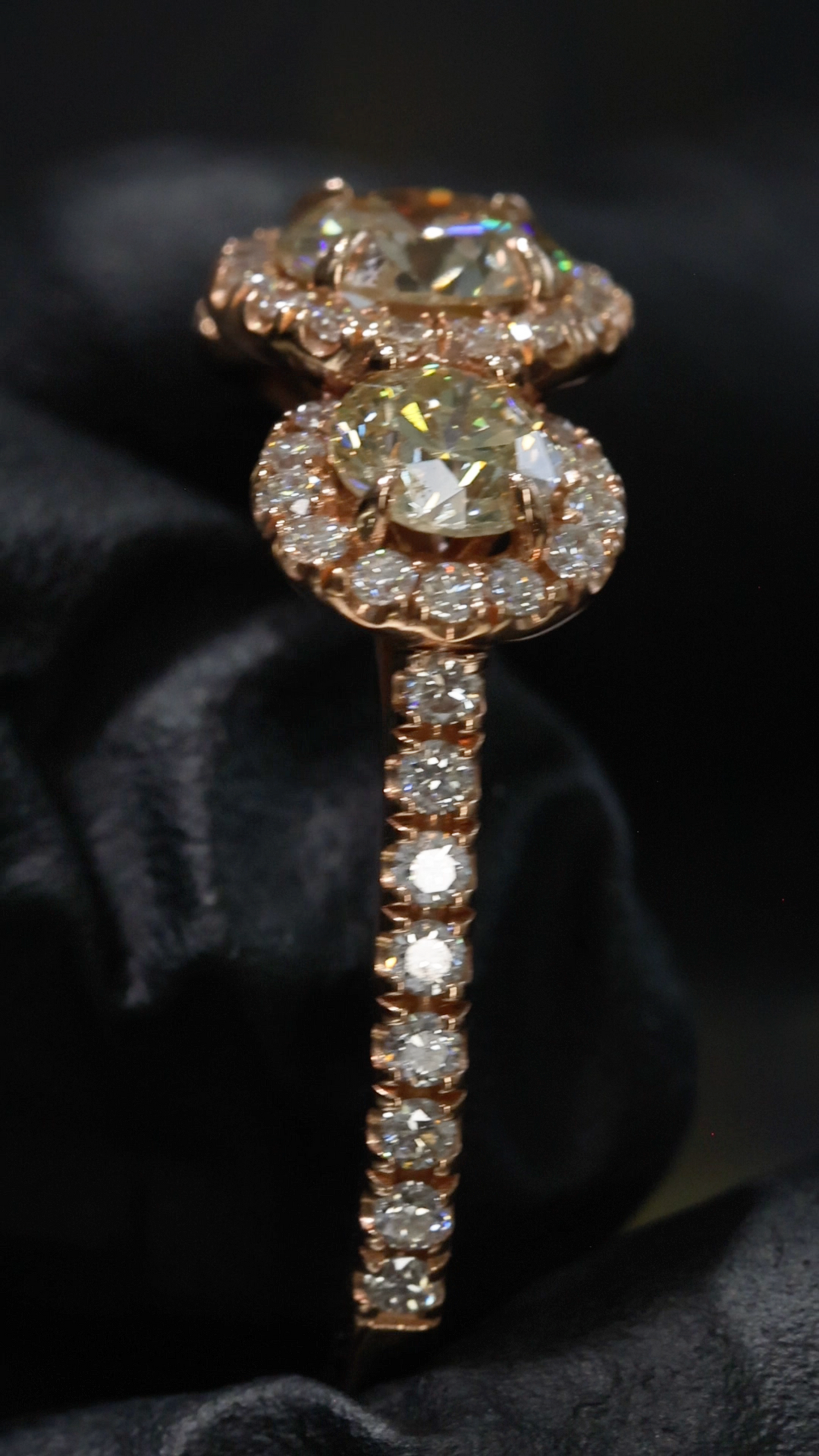 Natural Champagne Diamond Three-Stone Halo Engagement Ring in 14K Rose Gold | Vintage-Inspired Design