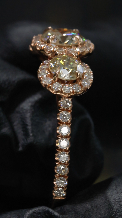 Natural Champagne Diamond Three-Stone Halo Engagement Ring in 14K Rose Gold | Vintage-Inspired Design