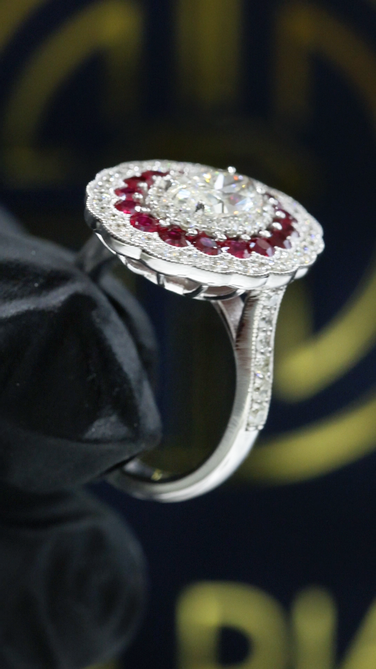 GIA Certified Natural Diamond Oval Halo Engagement Ring with Ruby Accents in White Gold | Vintage-Inspired Design