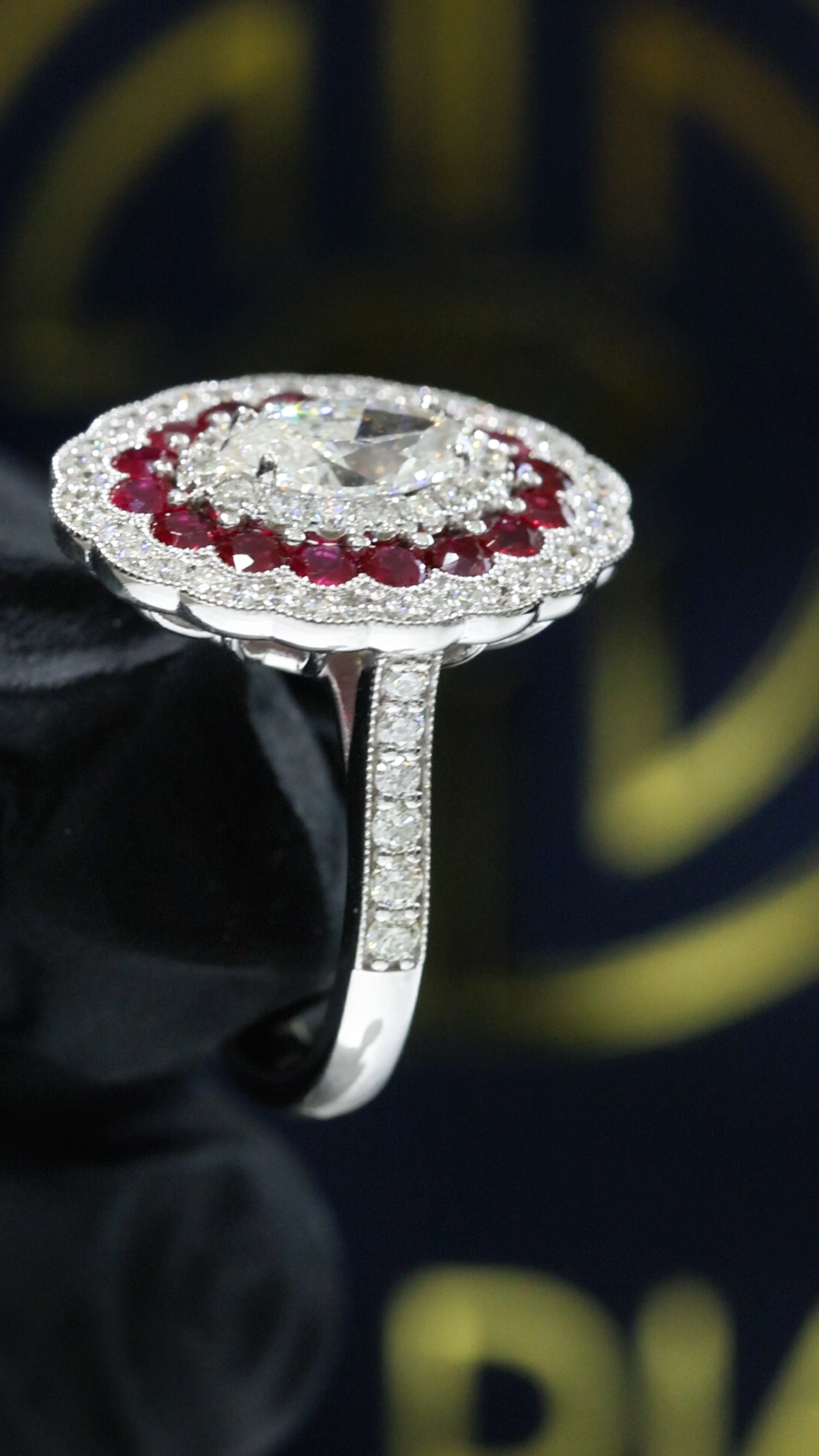 GIA Certified Natural Diamond Oval Halo Engagement Ring with Ruby Accents in White Gold | Vintage-Inspired Design