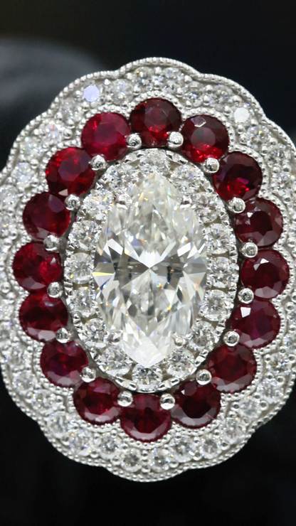 GIA Certified Natural Diamond Oval Halo Engagement Ring with Ruby Accents in White Gold | Vintage-Inspired Design