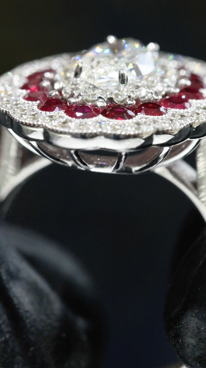 GIA Certified Natural Diamond Oval Halo Engagement Ring with Ruby Accents in White Gold | Vintage-Inspired Design