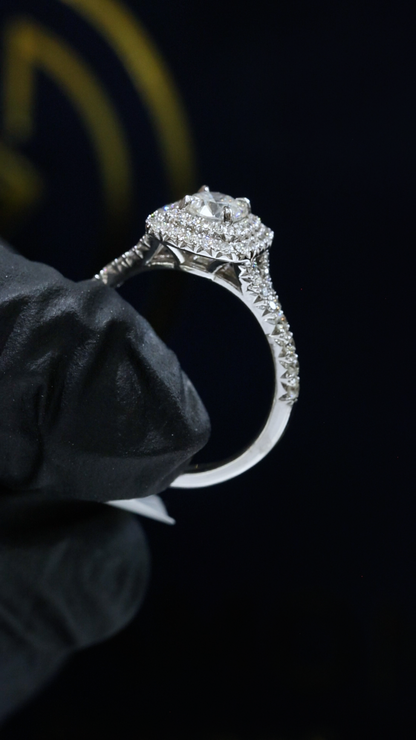 Natural Round Diamond Halo Engagement Ring with Pavé Band in White Gold | Classic Cushion Halo Design