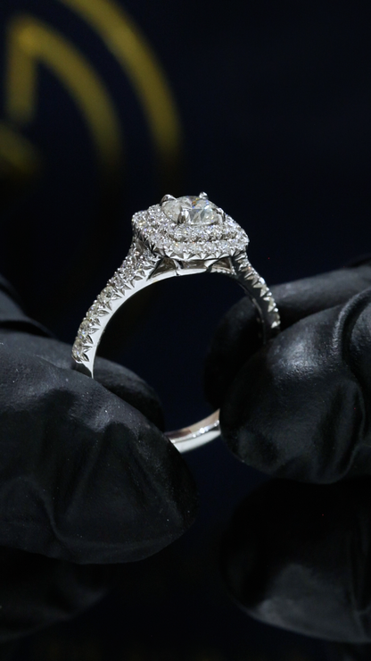Natural Round Diamond Halo Engagement Ring with Pavé Band in White Gold | Classic Cushion Halo Design