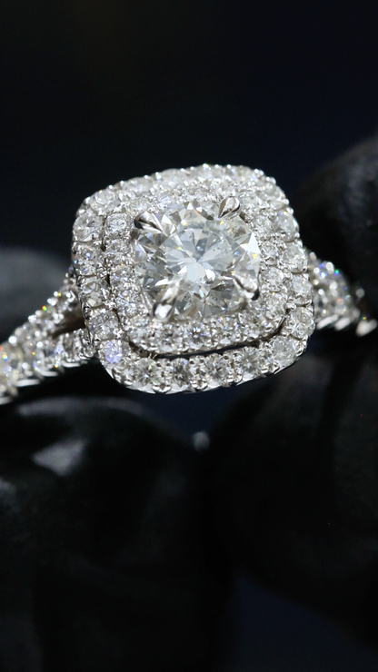 Natural Round Diamond Halo Engagement Ring with Pavé Band in White Gold | Classic Cushion Halo Design