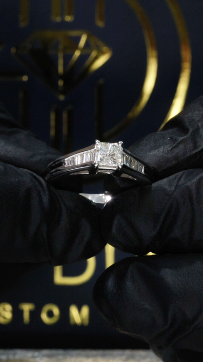 Natural Diamond Princess-Cut Engagement Ring with Baguette Accents in White Gold | Classic Elegance Design