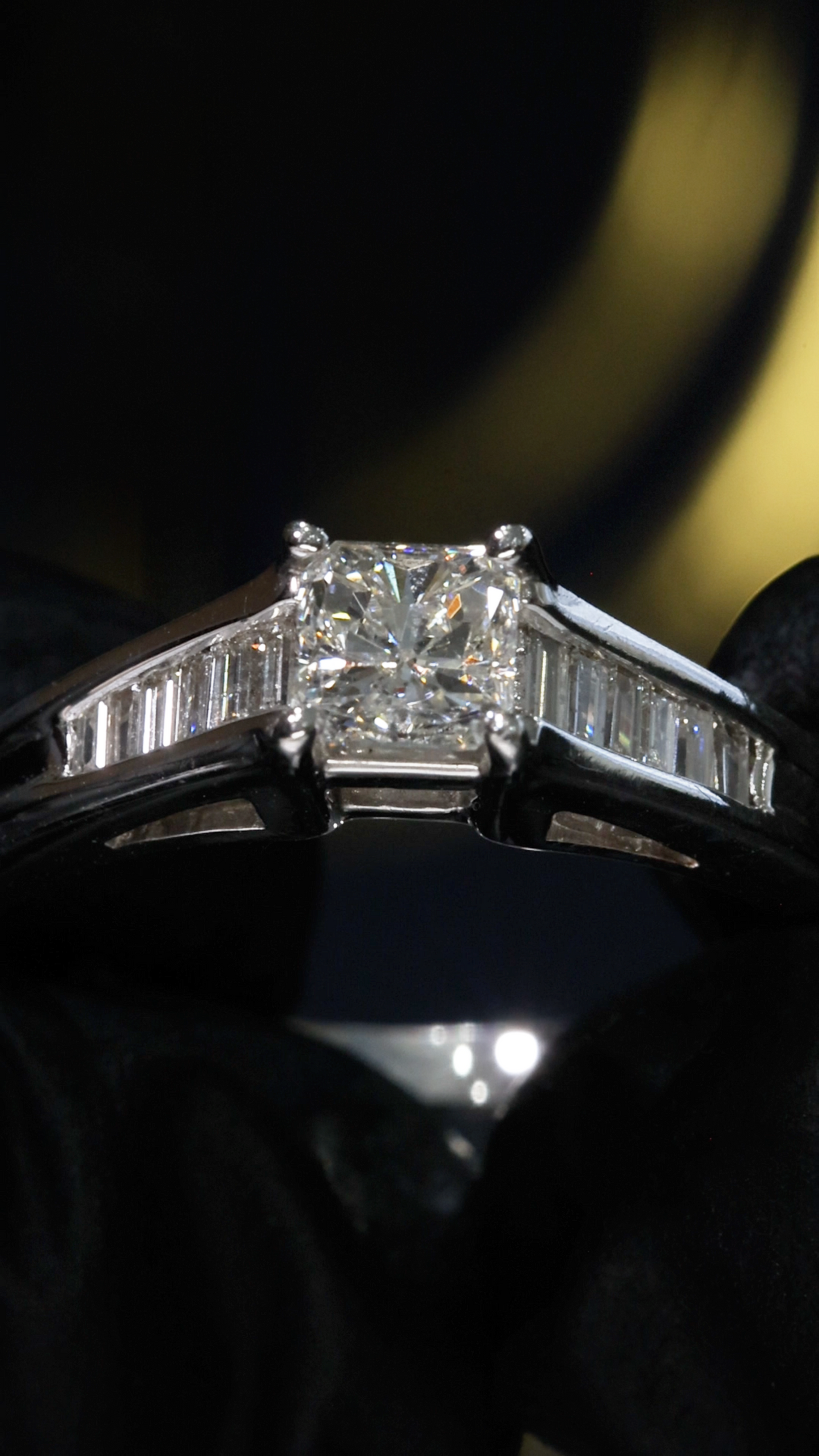 Natural Diamond Princess-Cut Engagement Ring with Baguette Accents in White Gold | Classic Elegance Design