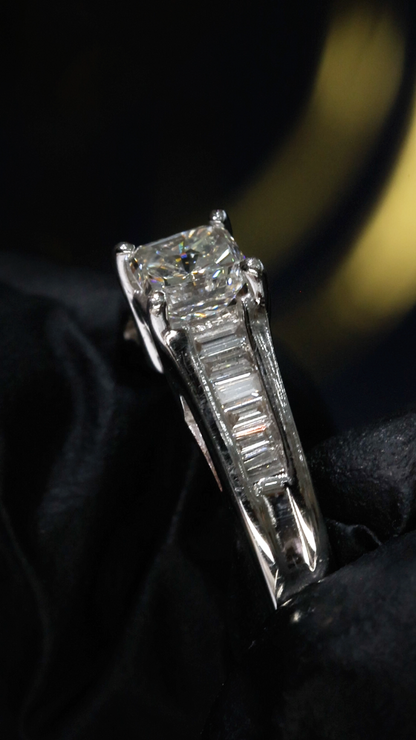 Natural Diamond Princess-Cut Engagement Ring with Baguette Accents in White Gold | Classic Elegance Design