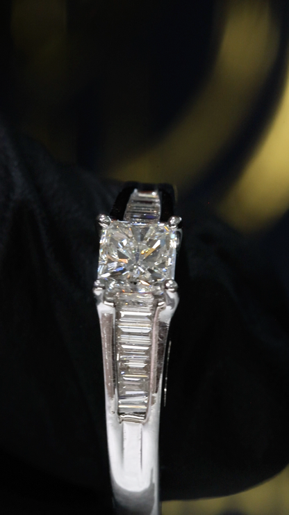 Natural Diamond Princess-Cut Engagement Ring with Baguette Accents in White Gold | Classic Elegance Design