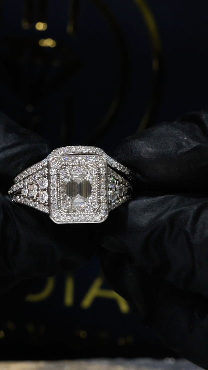Radiant Cut Diamond Halo Engagement Ring in White Gold | Split Shank Luxury Design