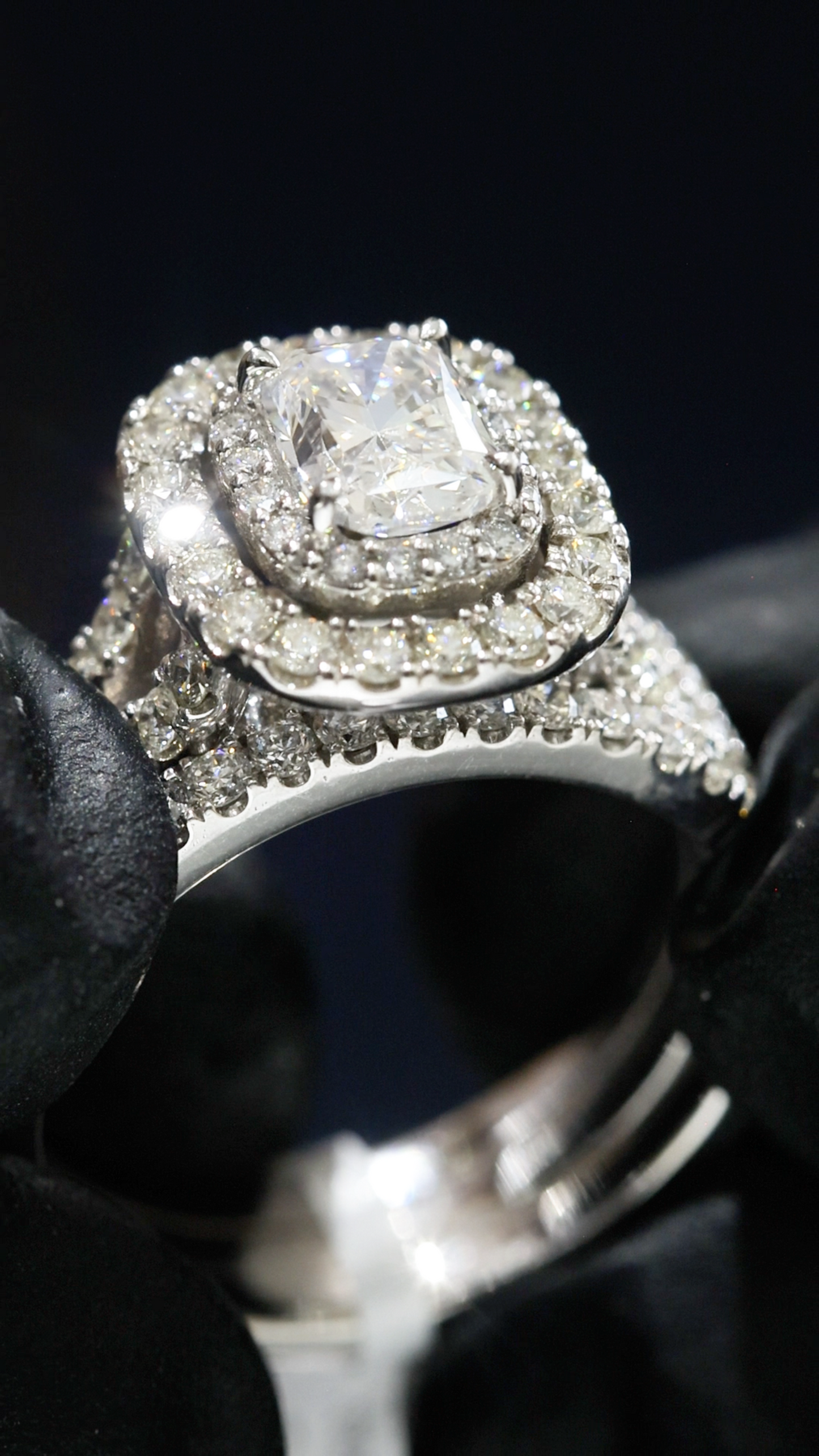 GIA Certified Natural Princess Cut Diamond Engagement Ring with Double Pavé Halo & Band in White Gold | Classic Cushion Halo Design