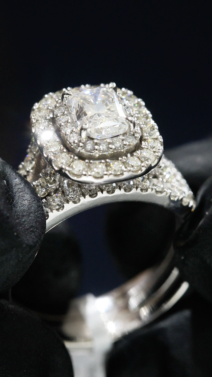 GIA Certified Natural Princess Cut Diamond Engagement Ring with Double Pavé Halo & Band in White Gold | Classic Cushion Halo Design