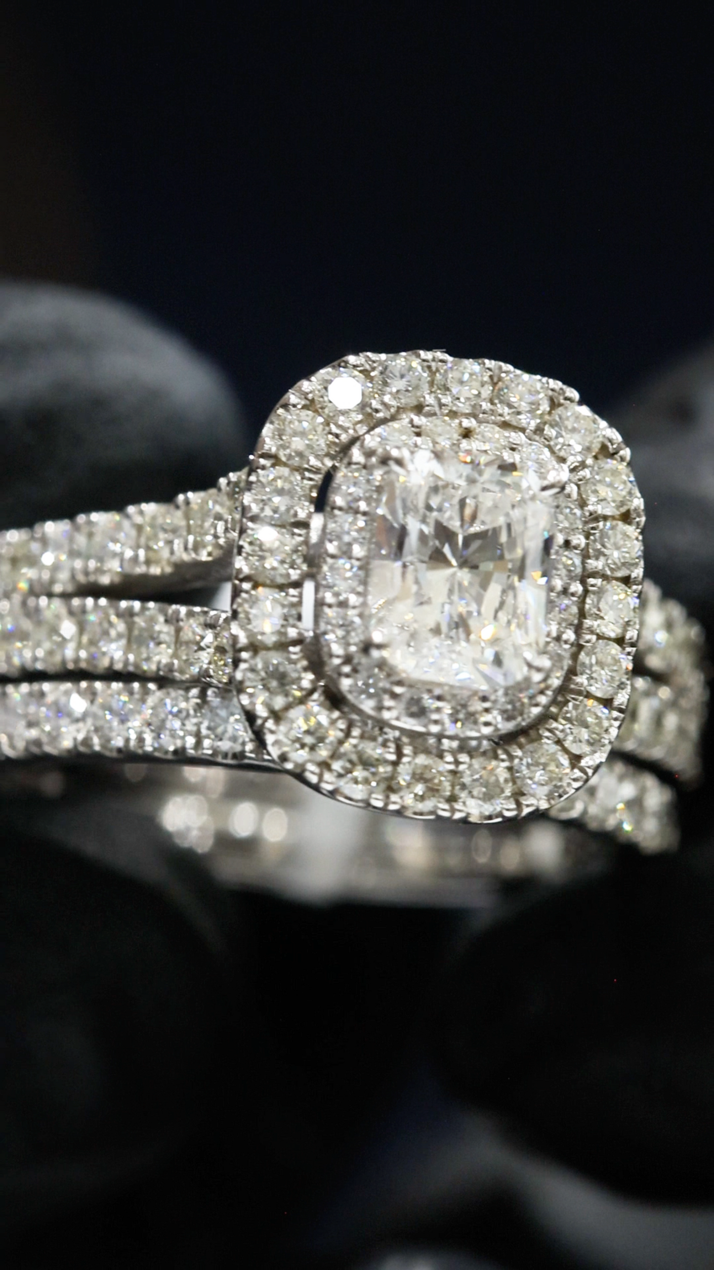 GIA Certified Natural Princess Cut Diamond Engagement Ring with Double Pavé Halo & Band in White Gold | Classic Cushion Halo Design