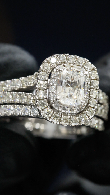 GIA Certified Natural Princess Cut Diamond Engagement Ring with Double Pavé Halo & Band in White Gold | Classic Cushion Halo Design