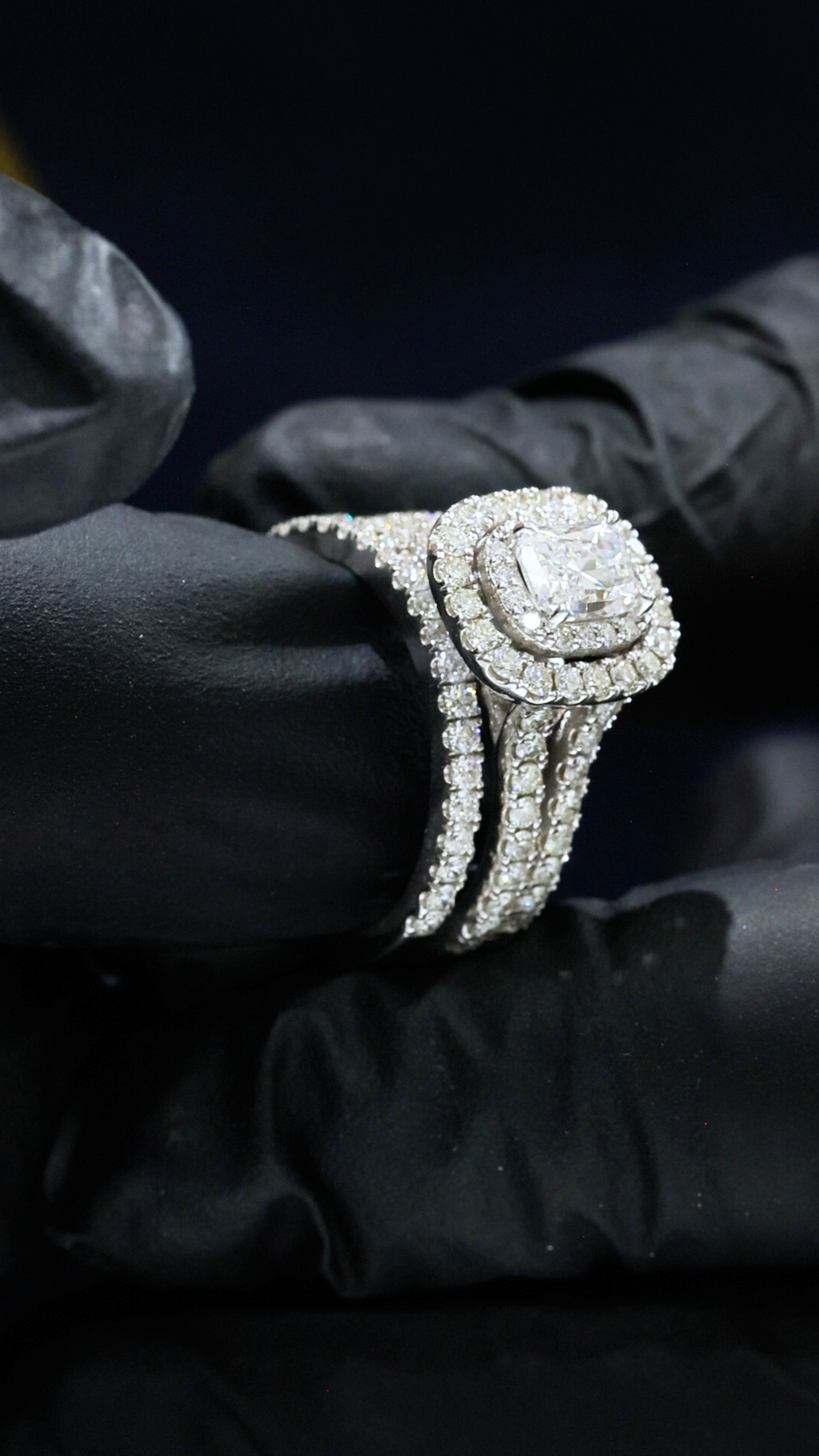 GIA Certified Natural Princess Cut Diamond Engagement Ring with Double Pavé Halo & Band in White Gold | Classic Cushion Halo Design