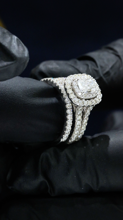 GIA Certified Natural Princess Cut Diamond Engagement Ring with Double Pavé Halo & Band in White Gold | Classic Cushion Halo Design