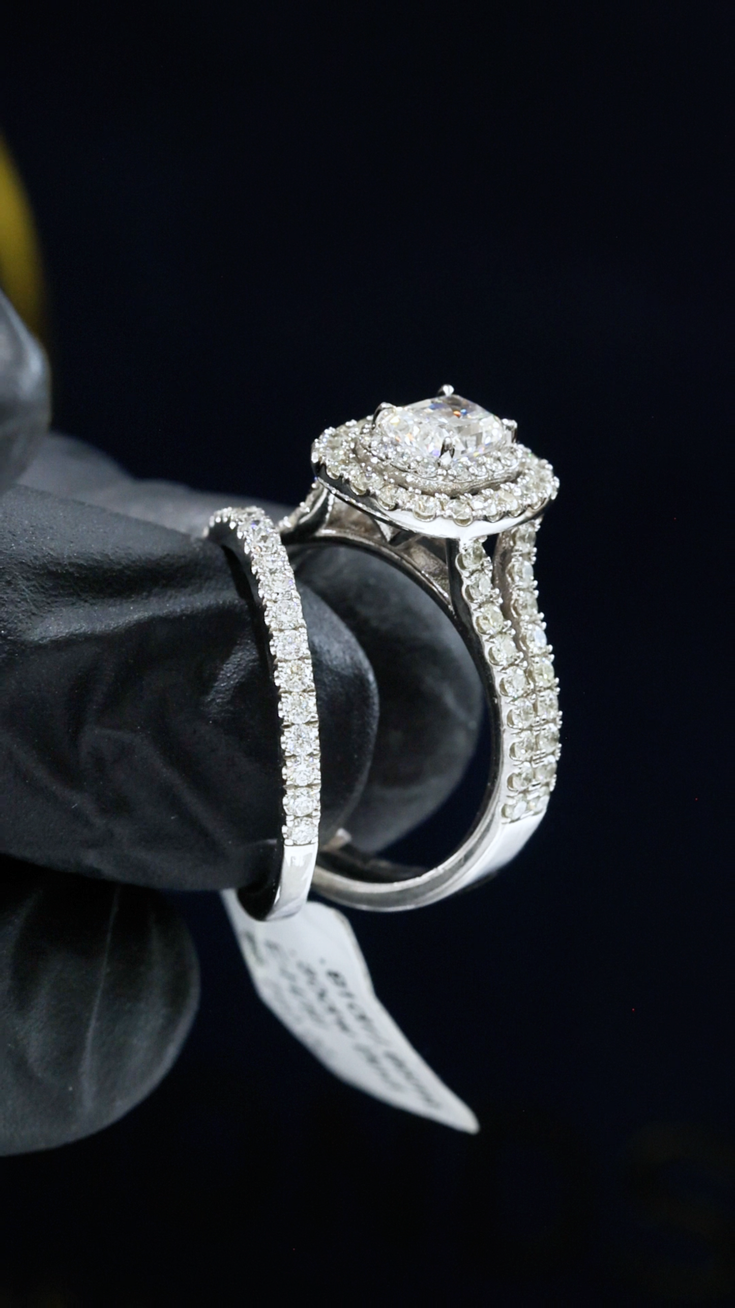 GIA Certified Natural Princess Cut Diamond Engagement Ring with Double Pavé Halo & Band in White Gold | Classic Cushion Halo Design
