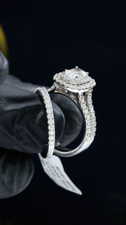 GIA Certified Natural Princess Cut Diamond Engagement Ring with Double Pavé Halo & Band in White Gold | Classic Cushion Halo Design